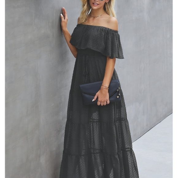 Black Summer Off-Shoulder Maxi Dress  Sheer - Picture 2 of 4